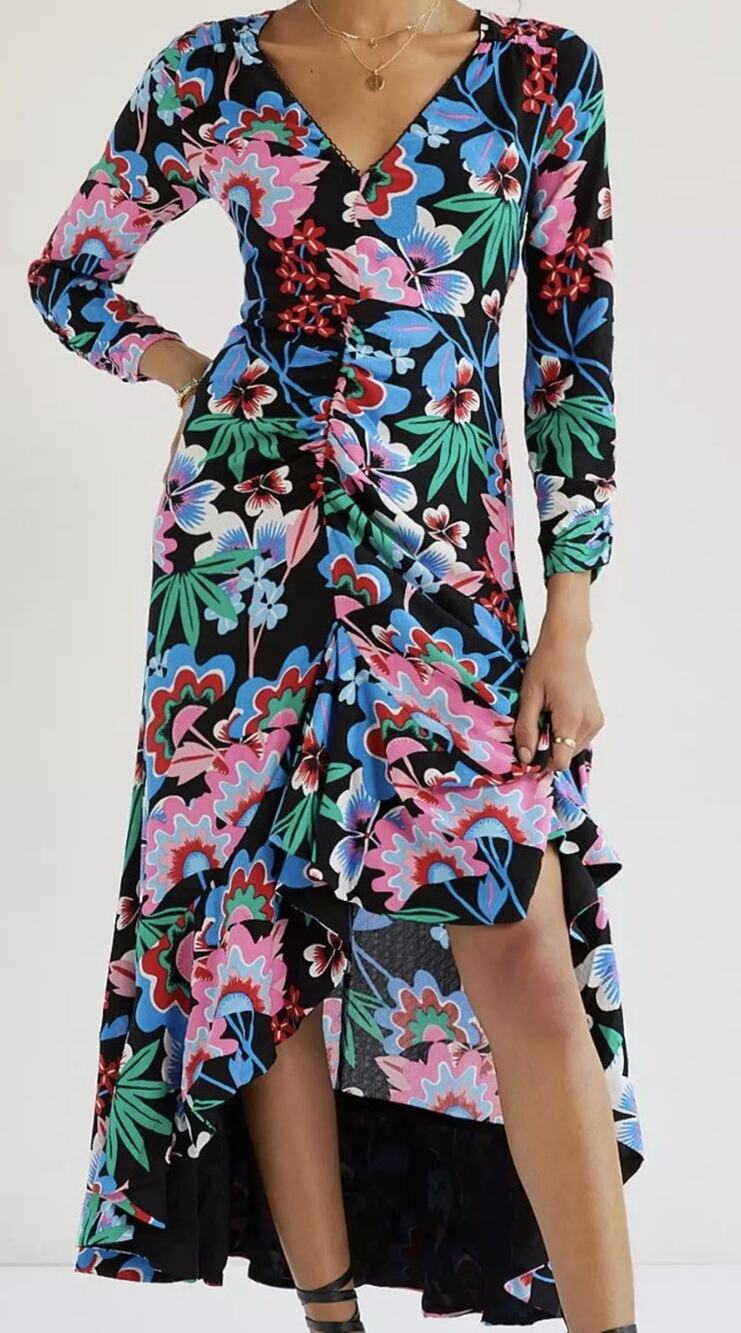 Anthropologie x Maeve Ruched Floral Black Motif Maxi Dress - Size 4P